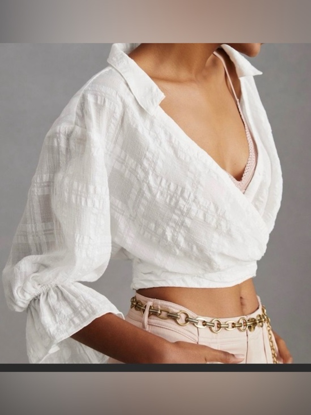 By Anthropologie Cropped White Wrap Blouse with Collar